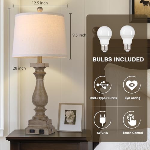28" Tall Farmhouse Table Lamps Set of 2 with USB C+A Ports and AC Outlet, 3 Way Touch Control Rustic Bedside Lamp for Bedroom, Brown Vintage Nightstand Lamp for Living Room Office