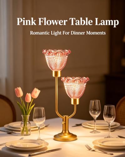 Lightdot Flower Glass Table Lamp for Bedroom Vintage Pink Lamp Dimmable