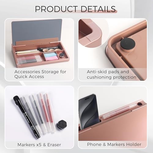 TOWON Compact Glass Desktop Whiteboard with Storage 12x7 in, Rose Gold