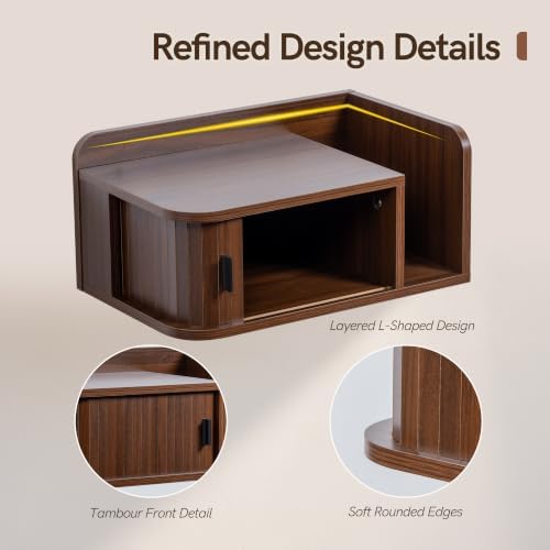Floating Nightstand Walnut Fluted Bedside Table with Open Shelf (L)