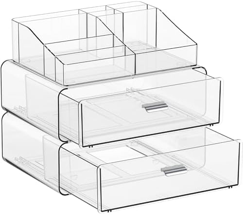 Yieach 3 Tier Clear Acrylic Makeup Organizers with Drawers,Tiered Countertop Make up Storage Organizer for Dresser Top and Bathroom Vanity,Plastic Makeup Stand for Brush,Skincare,Beauty Organizers