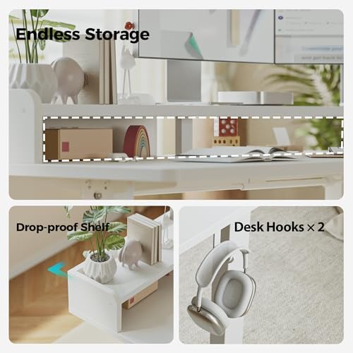 Agilestic L Shaped Standing Desk with Monitor Shelf, 63 Inch, White