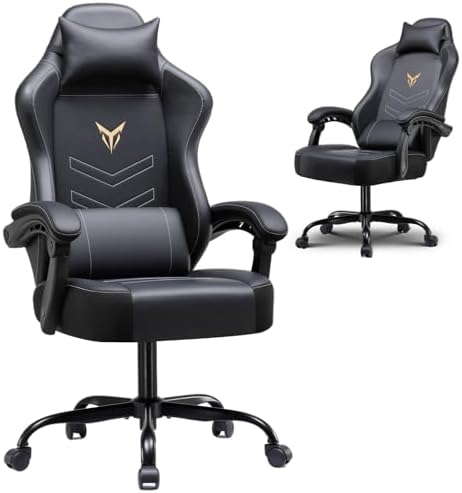 GTPLAYER Gaming Chair, Ergonomic Office Chair 300lbs Capacity, Computer Desk Chair with Headrest and Lumbar Support, Linkage Armrests, 90-155° Recline, PU Leather Black