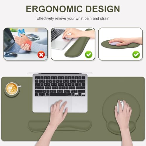 4 PCS Mouse Pad Desk Mat Protector, Keyboard Wrist Rest + Comfortable Mouse Pad Wrist Rest +Coaster, Large Gaming Mousepad for Computer Laptop, 35.4"X 15.7" Deskpad for Office Home I Olive Green