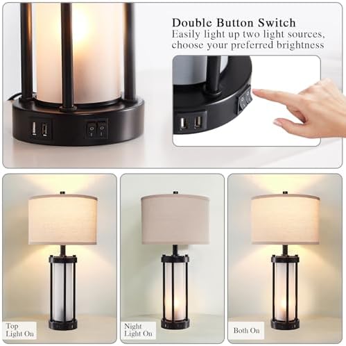 RORIA Modern Table Lamps for Living Room with 2 USB Charging Ports