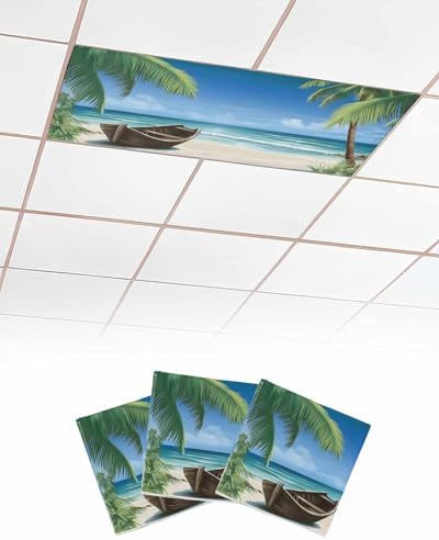 Summer 3 Pcs Fluorescent Light Covers, Ocean Beach Palm Tree Nautical Vessel Magnetic Filters Shade Panel Light Covers for Ceiling Lights Classroom Office Home Ceiling Decoration, 4 x 2 Ft