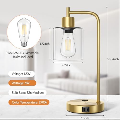 QiMH Set of 2 Industrial Table Lamps, Glass Desk Lamp for Living Room