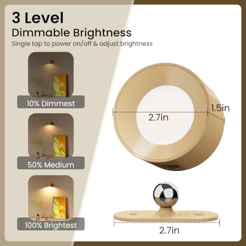 Koopala LED Sconces, Wall Mounted Lamps with Rechargeable Battery Operated USB Port 3 Color Temperatures & 3 Brightness Levels 360°Rotate Magnetic Ball, Cordless Lights for Reading Bedside