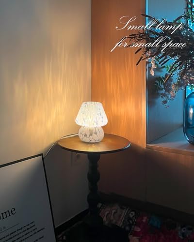 ONEWISH Mushroom Lamp Small Bedside Table Lamp-Nightstand Nightlight Dimmable Stepless, Translucent Glass Desk Lamp for Bedroom Dorm Living Kitchen, Murano Style Aesthetic Cute Home Decor(Blue)