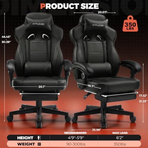 GTPLAYER Gaming Chair with Footrest, 350LBS Big and Tall Office Chair, Ergonomic High Back Lumbar Support and Recliner for Back Pain Relief, Black