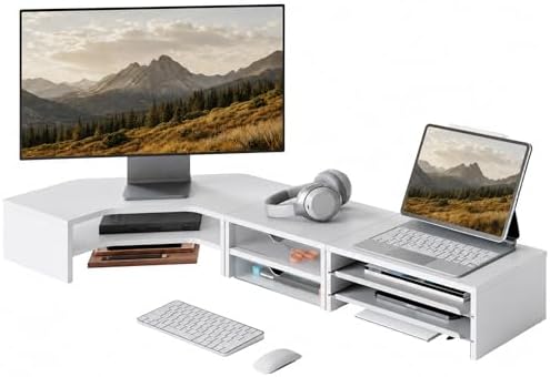 Fenge Dual Monitor Stand, Corner Desk Shelf with Drawer & Slide-Out Tray