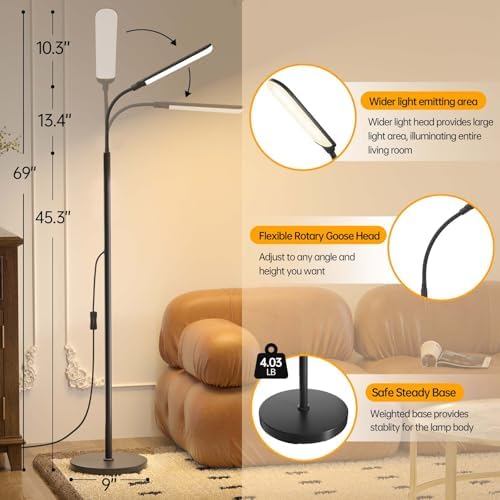 Aisutha LED Floor Lamp, 18W Super Bright Floor Lamp for Living Room, Adjustable Stepless Colors & Brightness Standing Lamp, Eye Caring Reading Light with Remote