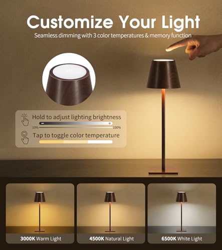 UME 3 Pack Cordless Table Lamp, Battery Operated Lamp - Portable Waterproof Rechargeable Table Lamp w/ 3 Color Temps & Stepless Dimming for Dinner, Desk, Cafe, Outdoor (Woodgrain)