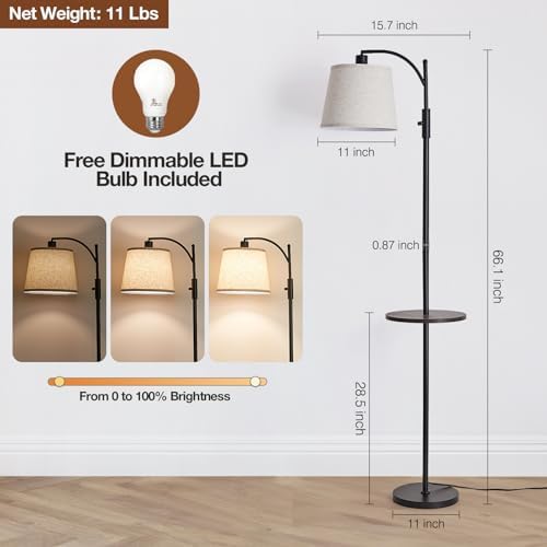 AIDENOEY Black Floor Lamp with Table, Dimmable Standing Lamp, Living Room
