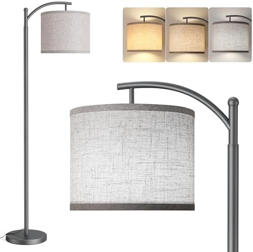 Floor Lamp for Living Room with 3 Color Temperatures LED Bulb, Standing Lamp Tall Industrial Floor Lamp Reading for Bedroom, Office (9W LED Bulb, Beige Lampshade Included) -Grey