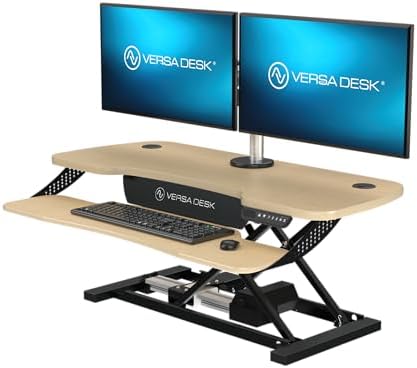 VERSADESK PowerPro Elite 40” x 24" – App Controlled Wide Electric Standing Desk Converter w/USB Charging Port. Raises up to 20”. Fully Assembled – Includes LED Lights. Supports 80 lbs. – Maple