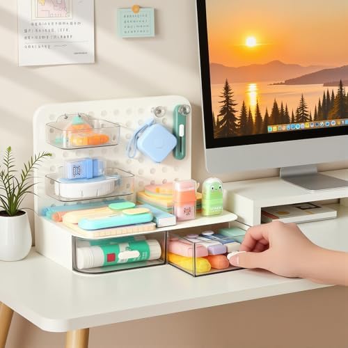 LETURE Desktop Stationery Organizer Storage with 3 Drawers, Plastic Desk Organization Holder with Pegboard Shelf & Adjustable Compartments for Stationery Office Supplies Makeup Accessories (White)