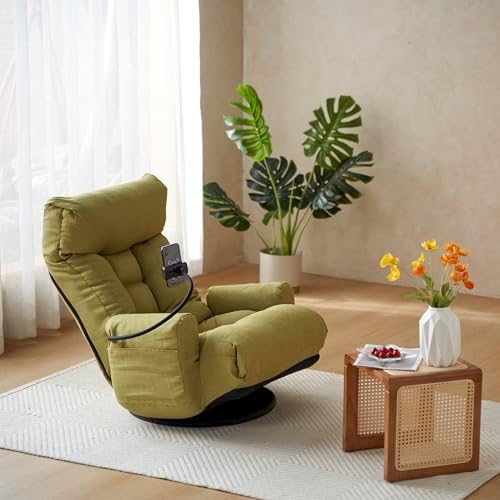 360° Swivel Gaming Floor Chair, 5 Position Adjustable Folding Sofa Chair with Armrests & Phone Holder, Cushion Padded Indoor Chaise Lounge for Adults, Home Office Floor Leisure Chairs, Green