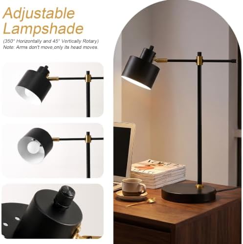 OYEARS 22.2" Modern Desk Lamp, Metal Table Lamp with LED Bulb, Adjustable Reading Lamps for Living Room, Mid Century Task Lamp for Home Office, Industrial Bedside Lamps with Solid Base,Black