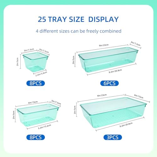 Kitchen Desk Drawer Organizers Storage for Office, Small Acrylic Vanity Trays Makeup for Drawer Bathroom Plastic Make up Organizers 25 Pcs Green