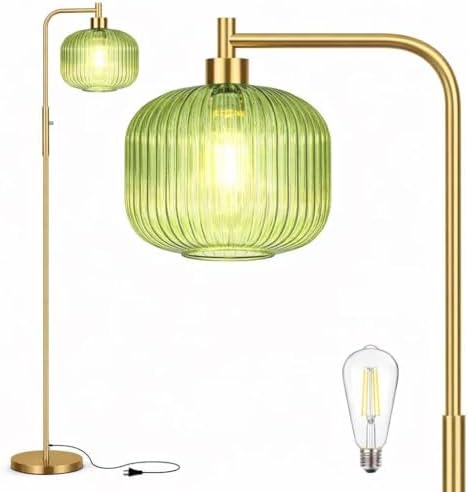Ruiever Glass Floor Lamp for Living Room, Dimmer Standing Lamp with Green Ribbed Lampshade,66” Tall Lamp & Gold Floor Lamp for Bedroom Study Room,Brushed Gold (Drum Green Glass Shade)
