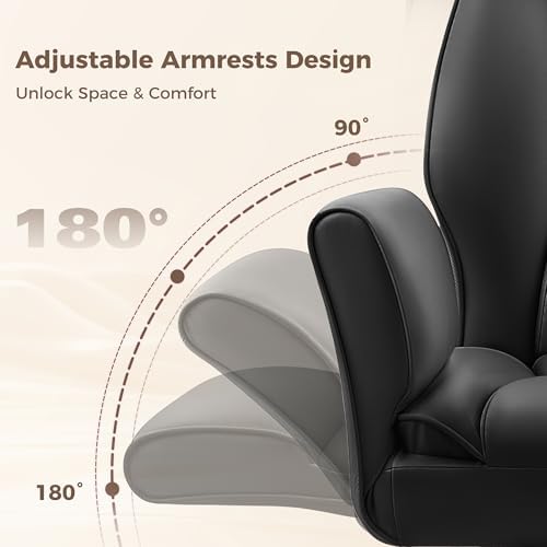 Big and Tall Office Chair, Flip Armrests for Pets & Cross Legged Sitting, Ergonomic Leather Executive Desk Chair with Foot Rest, High-Back Reclining Computer Chairs for Home Office Gaming, Black