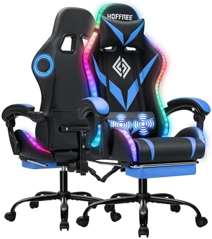 Gaming Chair with Bluetooth Speakers RGB LED Lights Computer Chair-Blue