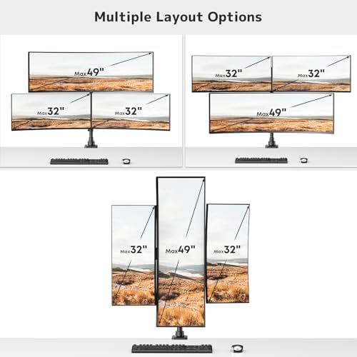 Triple Monitor Mount up to 49 inches, Fully Adjustable Gas Spring Arm