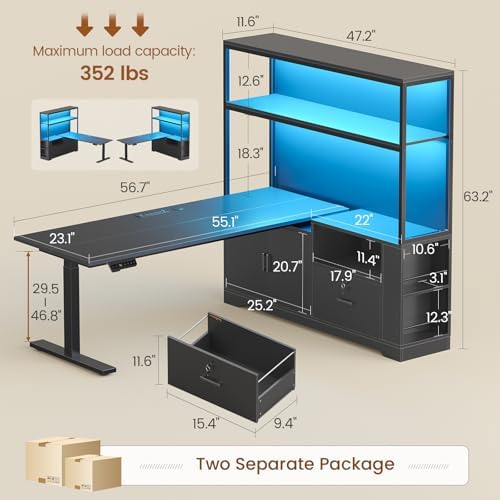SEDETA 57" L Shaped Standing Desk, Sit Stand Office Desk with Storage Hutch
