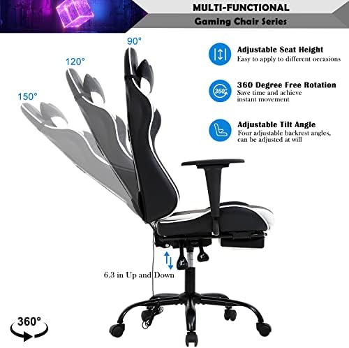 White Massage Gaming Chair with Footrest, PU Leather Gaming Chairs for Adults, High Back Office Chair Ergonomic Desk Chair Computer Chair, Reclining Gamer Chair, Height & Backrest Adjustable, 300 Lbs