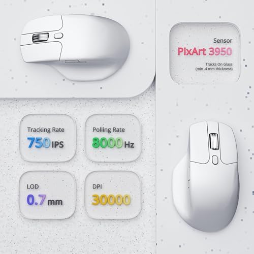 Keychron M6 8K Wireless Gaming Mouse, 2.4G/Bluetooth/Wired, PixArt 3950 Sensor, 8000Hz Polling, Silent Clicks, 5 On-Board Memory Profiles for Plug & Play, Programmable for Mac/Win/Linux – White