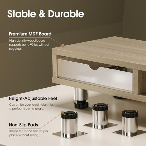 Fenge Dual Monitor Riser with 2 Drawers, 42.5in Long Desk Shelf, Oak