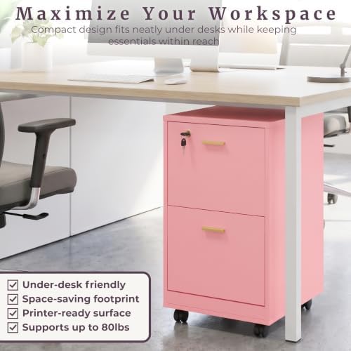 Lavish Home 2-Drawer Wooden File Cabinet with Lock, Pink, 16” x 27”