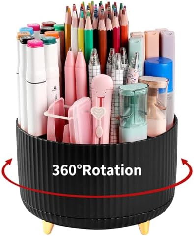 Desk Pencil Pen Holder, 5 Slots 360°Degree Rotating Pen Organizers for Desk, Desktop Storage Stationery Supplies Organizer, Cute Pencil Cup Pot for Office, School, Home, Art Supply, Black