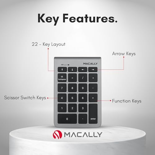 Macally Bluetooth Number Pad for Laptop - Wireless Numeric Keypad - 22 Key Numeric Keypad for Data Entry, Numpad Compatible with MacBook, iPad, iPhone, iOS, Laptop, PC, Android