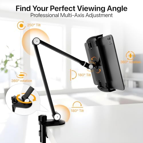 iPad Stand, Tablet Stand 360° Swivel, Aluminum Desk Mount 6.3-16", Black