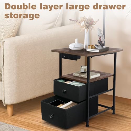PESRAE Floor Lamp with Table & 2 Drawers, End Table with Lamp, Natural Wood