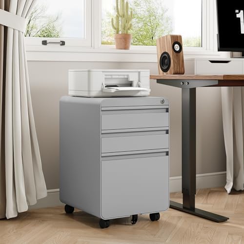 Dripex 3 Drawer Metal Rolling File Cabinet Under Desk Filing Cabinet Grey
