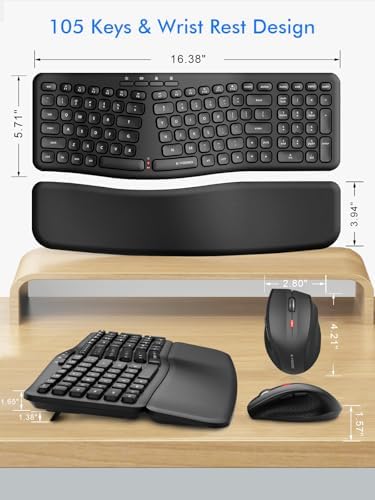 E-YOOSO Ergonomic Wireless Keyboard and Mouse Combo, Split Design with Detachable Wrist Rest, 2.4G Full Size Ergo Computer Keyboard Set for Programmers/Office, Compatible with Windows/Mac/PC/Laptop