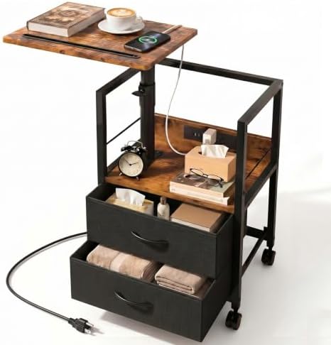 Faesun Night Stand with Charging Station & Swivel Top, Brown Black