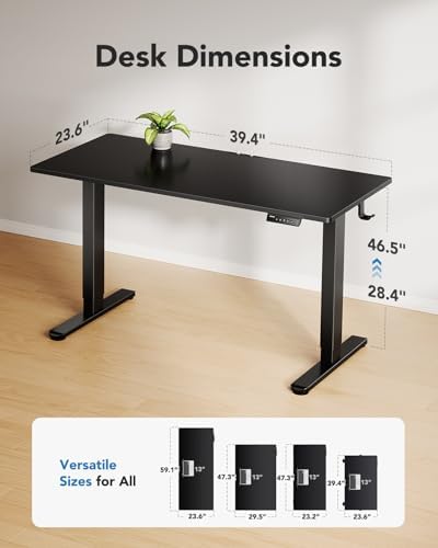 HUANUO Electric Standing Desk, Whole Piece Desktop, Adjustable Height Computer Desk, 4 Height Memory Settings, Sit Stand Up Desk for Home Office, 40" x 24", Black