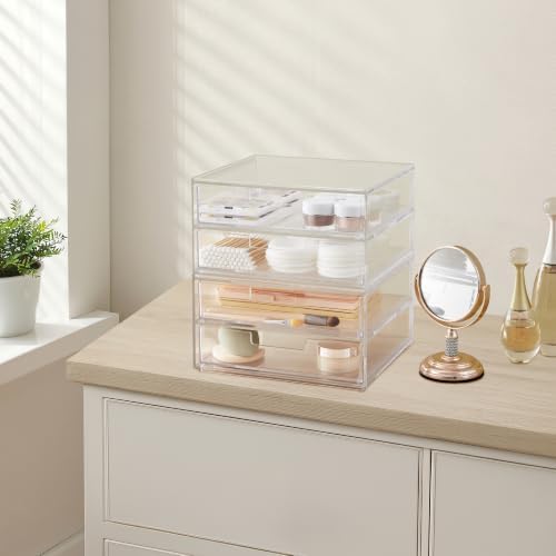 STORi Stackable Desk Drawer Organizer, Clear Pen Pencil Makeup Brush Holder for Desktops and Vanities, 4 Wide Drawers (Made in USA)