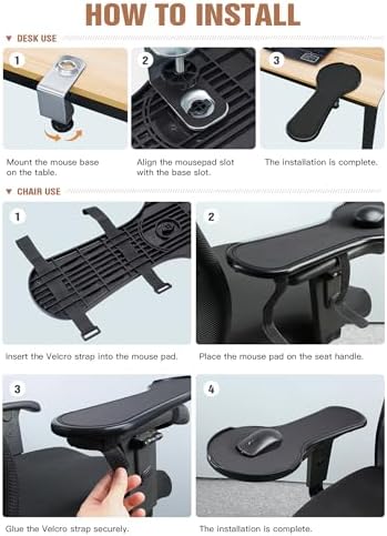 Upgrade Chair arm Mouse pad, Ergonomic Arm Rest Mouse Pads for Chairs and Desk, Adjustable Mouse Tray,Forearms Pressure Relief Computer Desk Extender, Black (Black（YU8351）)