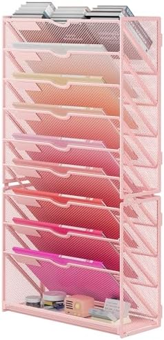 Lavatino 10-Tier Hanging Wall File Folders Organizer - Pink Metal Mesh Paper Magazine Document Mail Holder File Organizer for Office School Home Wall Mount or Desk Supplies Organization