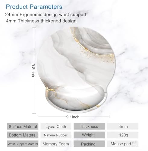ITNRSIIET Ergonomic Mouse Pad with Wrist Support Wrist Rest Smooth Surface Non-Slip Rubber Base Comfortable Office Supplies Pain Relief, 9.8 x 9.1 inches, White marbling