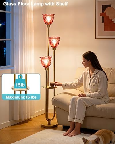 3-Light Red Tulip Glass Floor Lamp with Side Table, Mid Century Modern Gold Tall Standing Lamp, 3000K Warm White Bulbs Included, Vintage Floor Lamp for Living Room Bedroom Sofa Corner Decor