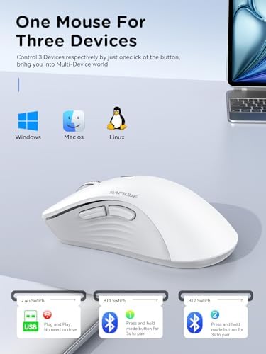 RAPIQUE Wireless Mouse - Dual Bluetooth & 2.4 GHz, White and Grey