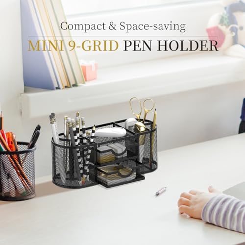 SUPEASY Mesh Desk Organizer, Pen Holder for Desk with 2 Drawers, Black