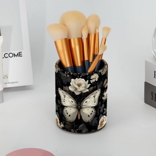 Leather Pen Holder for Desk, White Butterfly Pencil Cup Pen Organizer Makeup Brush Holder for Office Home Kids Countertop Desk Accessory Storage