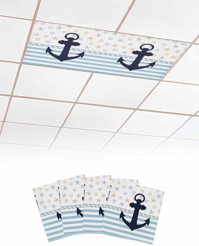 Christmas Anchor Magnetic Fluorescent Light Covers for Ceiling Lights 2 x 4 Feet,Nautical Sea Star Shell Stripe Blue Office Classroom Kitchen Drop Ceiling Light Covers Filters Shade Panel 4 Packs